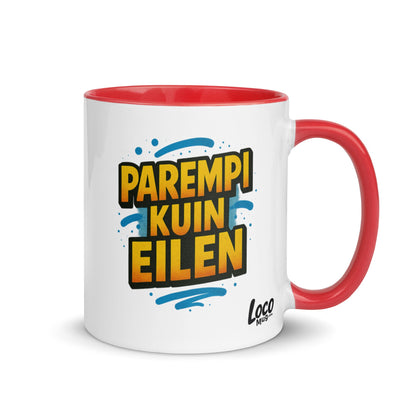 “Parempi kuin eilen” Mug with Color Inside – Finnish Focus, Caffeinated Progress - Locomug.com#funny_profession_mugs_crazy_mug _designs#